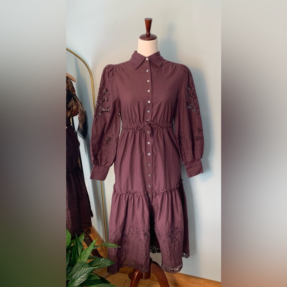 St. Roche Darcy Shirtdress Raisin Organic Cotton MIDI Pockets Cottagecore Dress - Picture 5 of 16